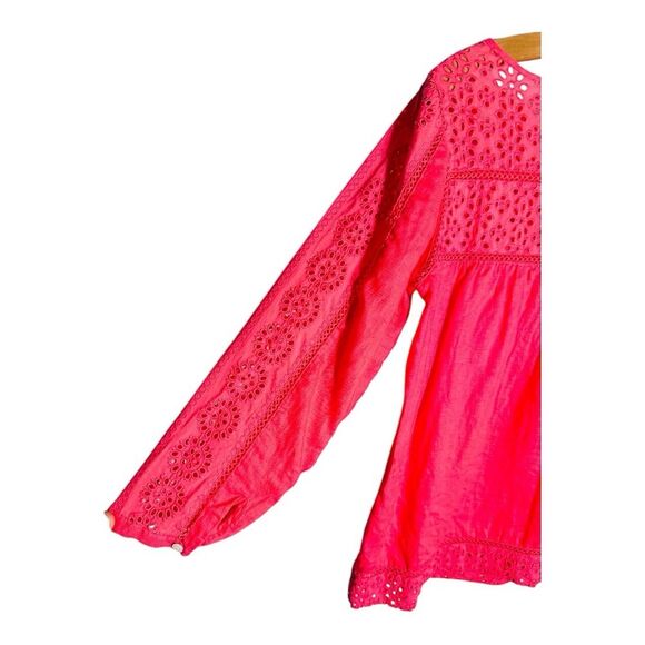 J Crew 100% Linen Timeless Eyelet Peasant Blouse M Coral Pink 3/4 Sleeve Preppy - Picture 3 of 6